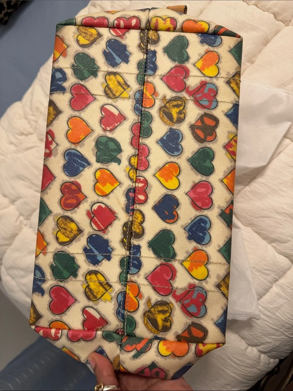 Dooney & Bourke Cream Satchel with Multicolor Heart Print